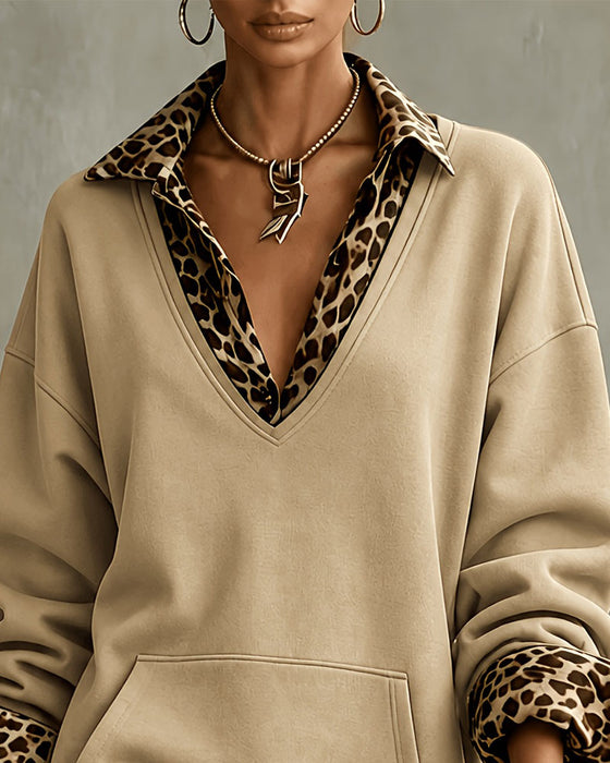 Kjole Krave V-Udskæring Leopardmønster Sweatshirt
