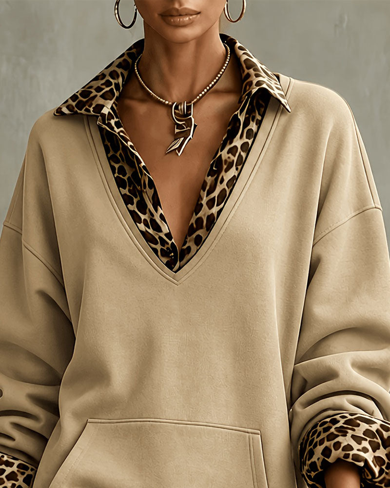 Kjole Krave V-Udskæring Leopardmønster Sweatshirt