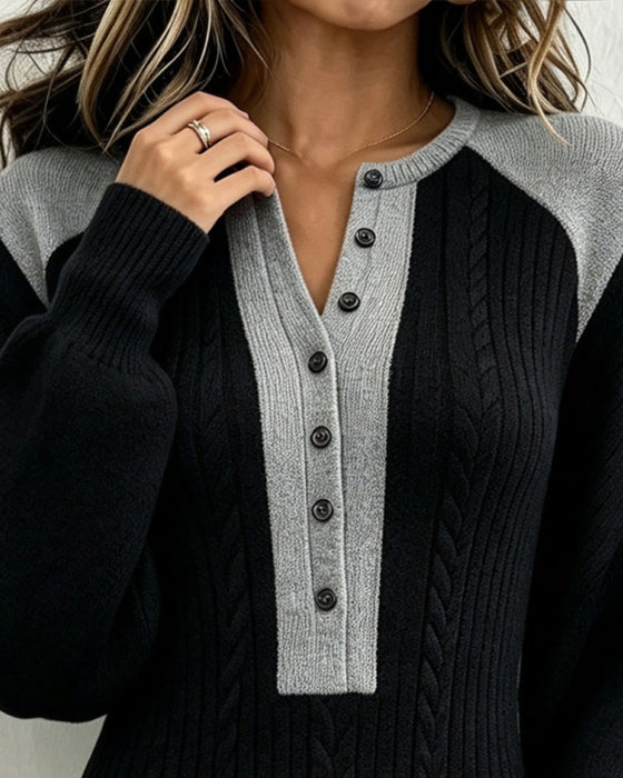 Sweaterkjole V-hals Knappet Kontrast