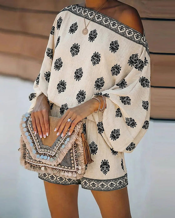 Sæt Kvinder 2 Dele Outfit Boho Top Og Shorts