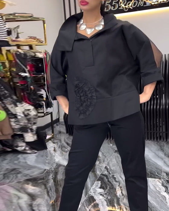 Blomsterbluse med lapel og blondepanel