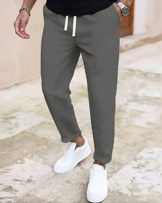 Herre Bukser Ensfarvet Snøre Slim Fit Croppet