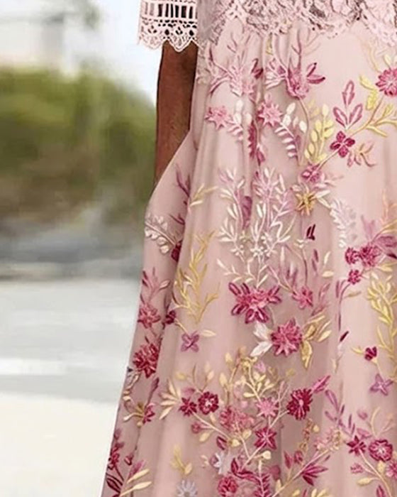 Kjole Blonder Blomstermønster Patchwork A-Linje