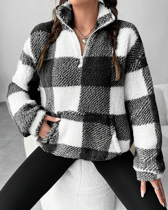 Sweatshirt Halv-Zip Ståkrave Rutemønster