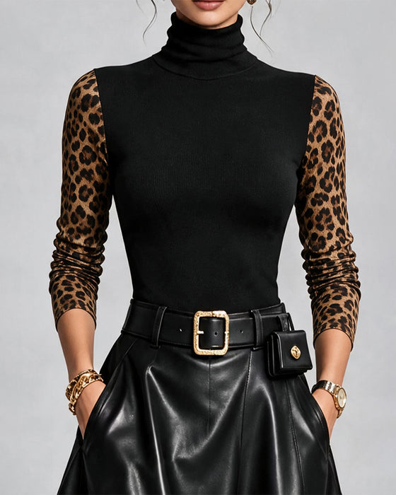 Top Leopardmønster Sammensat Høj Hals Slimfit