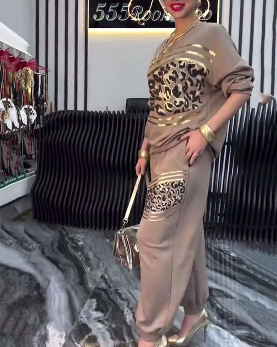 Sæt Leopardprint Afslappet Sweatshirt