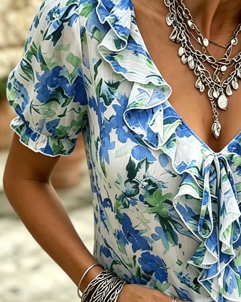 Bluse V-Hals Ruffle Bobble Ærme
