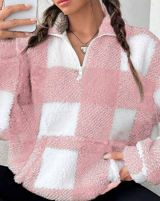 Sweatshirt Halv-Zip Ståkrave Rutemønster