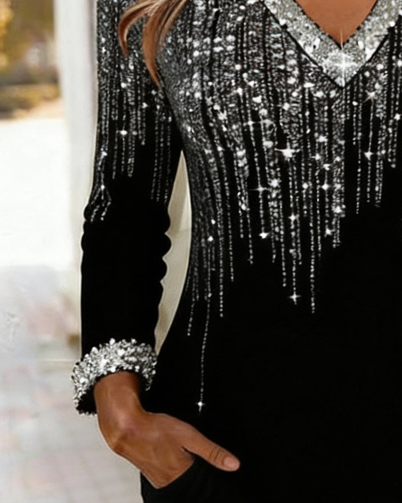 Kjole Glitrende V-Hals Langærmet