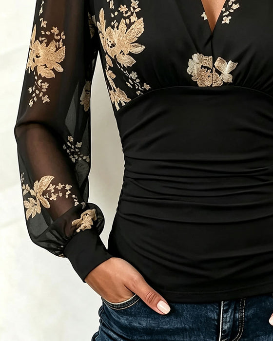 Top V-Hals Net Patchwork Trykt