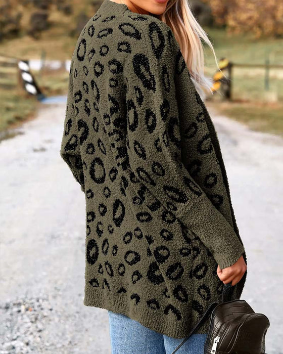 Cardigan Løs Leopardmønster Langærmet