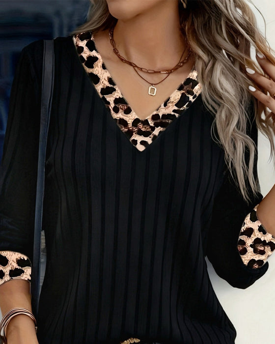 Top Lang Ærme V-Hals Leopard Patchwork