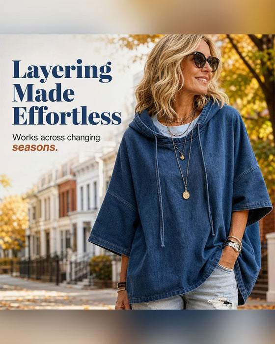 Hoodie Hætte Snor Albuelang Ærme Denim