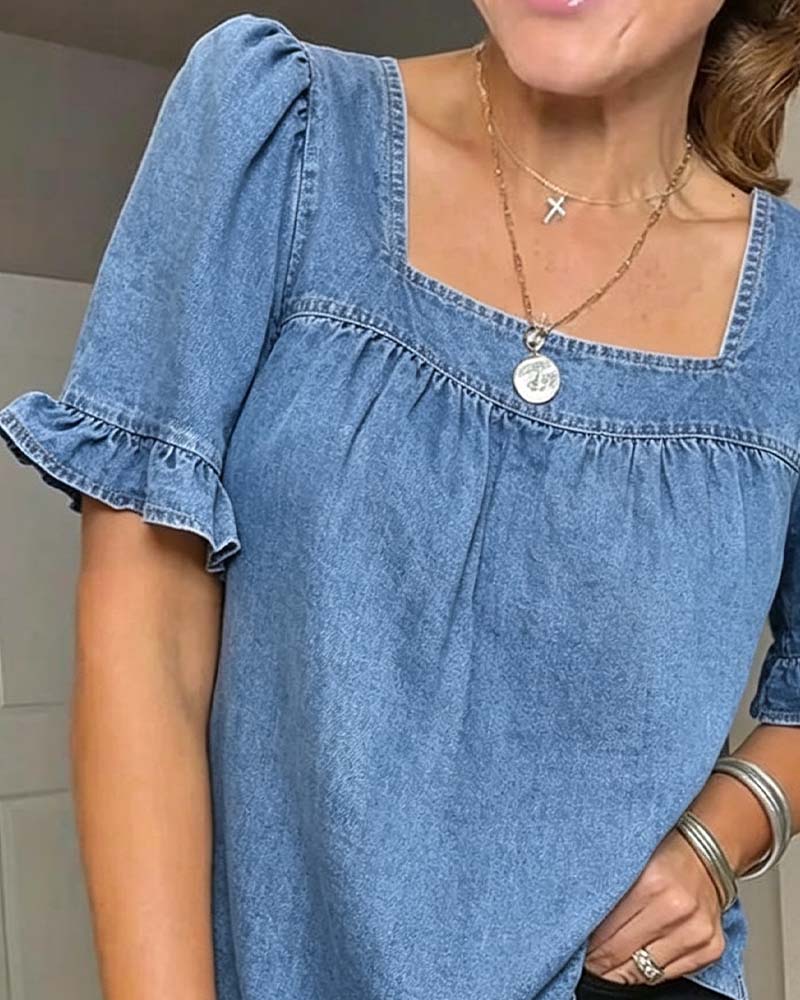 Bluse Firkantet Hals Rynket Denim