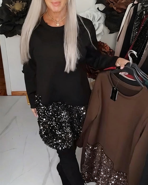 Kjole Rund Hals Langærmet Med Glitter Patchwork