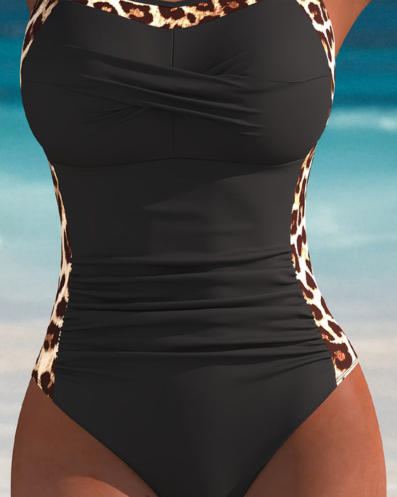 One-Piece Halter Leopard Tryk Patchwork