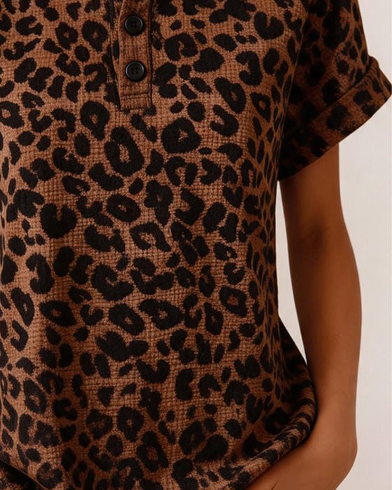 Top Henley Hals Leopard Tryk Vaffel