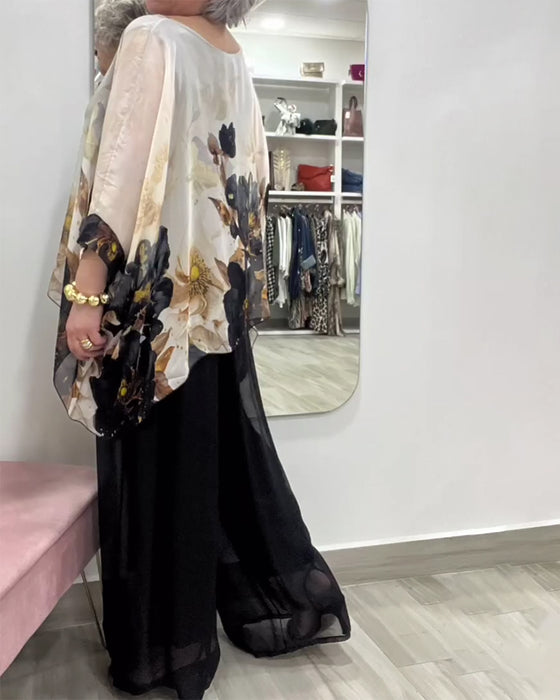 Bluse Langærmet Uregelmæssig Store Blomstermønster