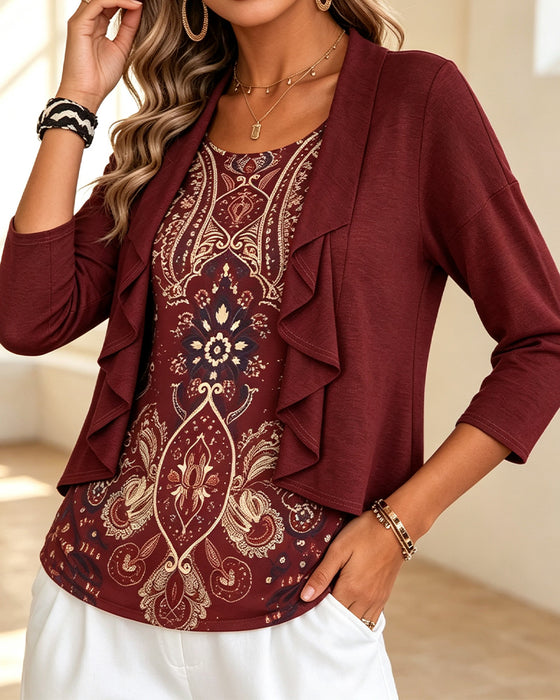 Bluse Imitation Todelt Ruffle Tryk