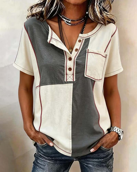T-Shirt Kontrastfarve Rundhalset Knap Patchwork