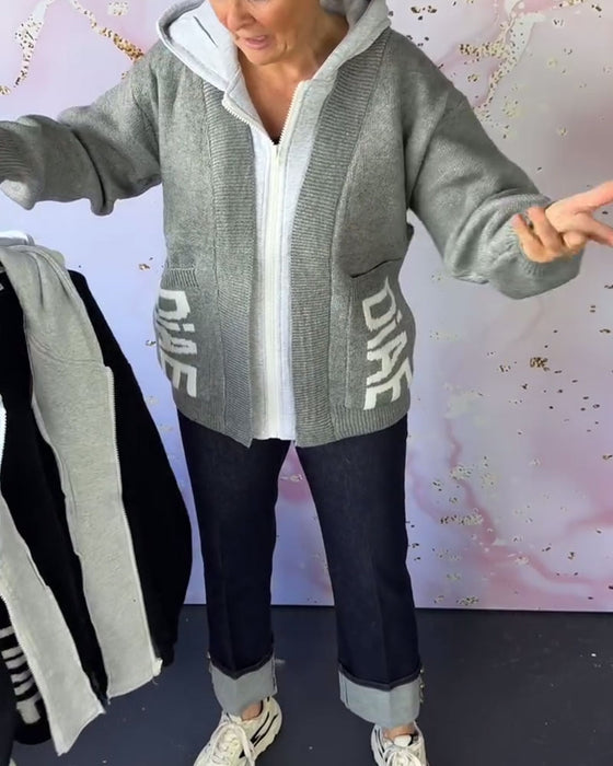 Casual Langærmet Sweatercoat med Bogstaver