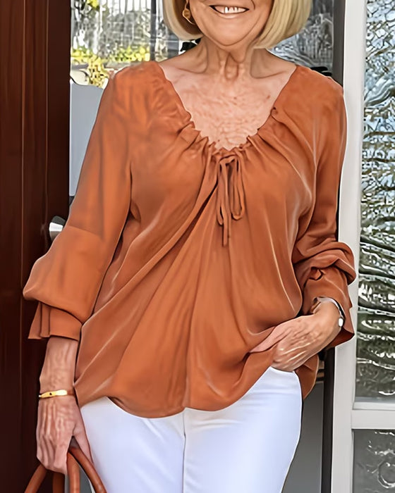 Bluse V-Hals Rynket Bindebånd Casual