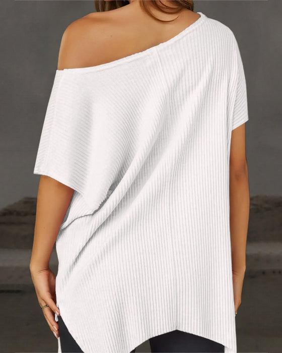 T-Shirt Uregelmæssig Off-Shoulder Kort Ærme Ribbet