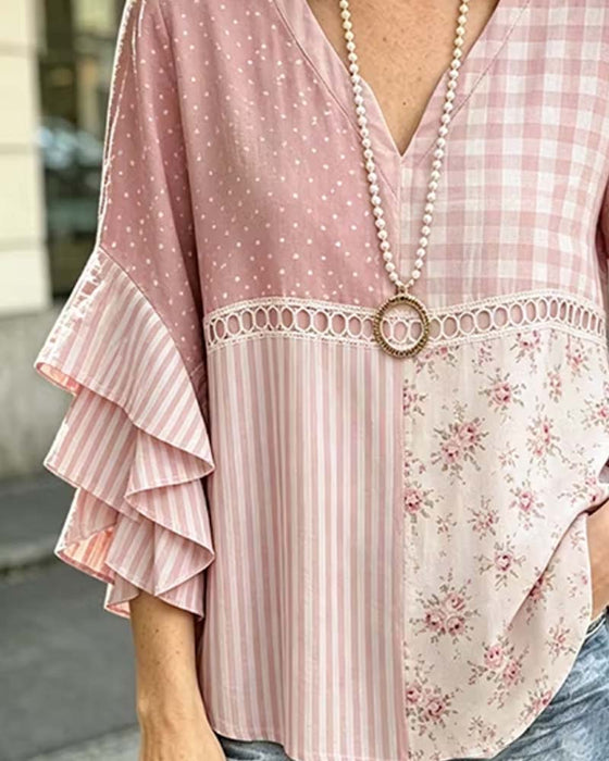 Bluse Dobbelt Lag Ruffle Ærmer Stribet Prikket Tryk