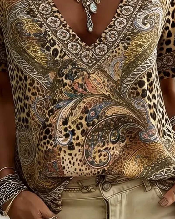 Bluse V-Hals Leopard Tryk Kort Ærme Afslappet