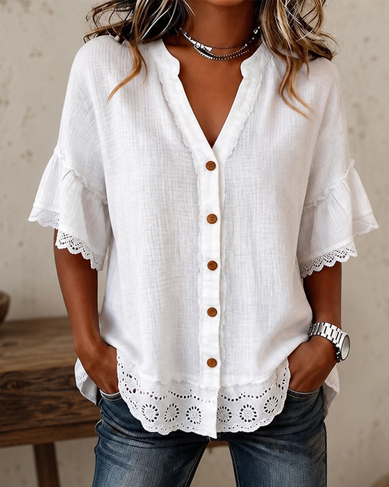 Bluse V-udskæring Knipling Patchwork Knap
