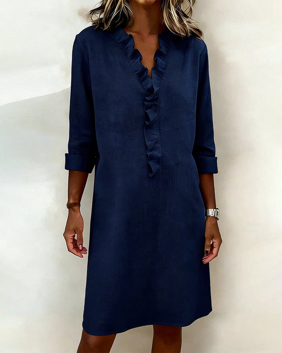 Kjole Rynket V-Hals Ensfarvet