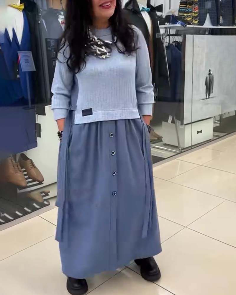 Kjole Casual Farveblok Rund Halsudskæring