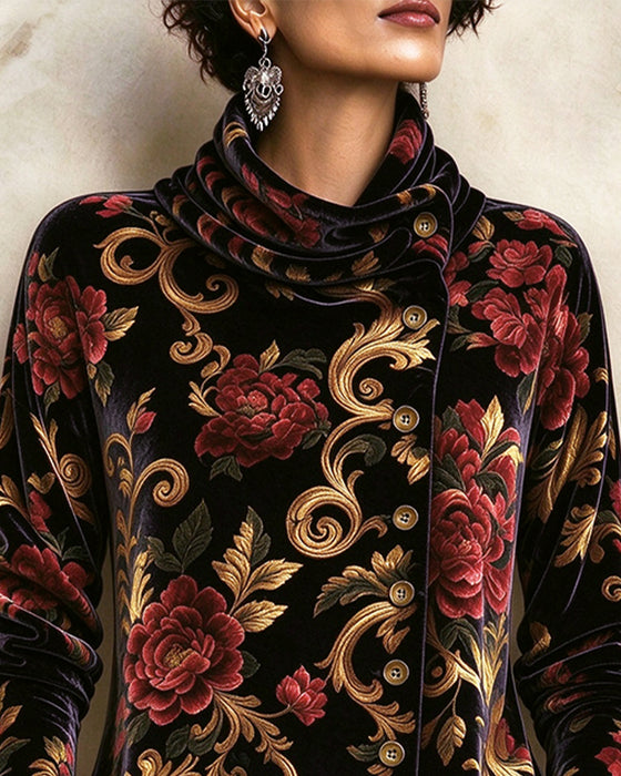 Top Vintage Blomstret Turtleneck Skråknappet