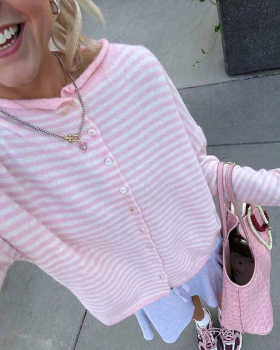 Pullover Rundhalset Knap Foran Stribet