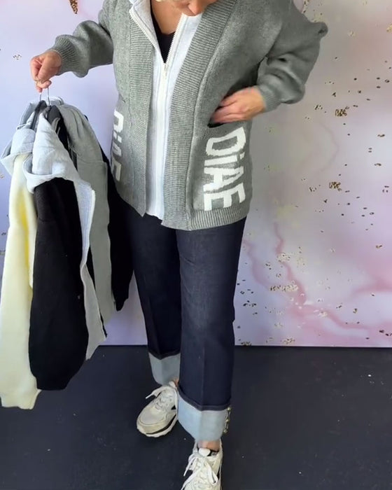 Casual Langærmet Sweatercoat med Bogstaver