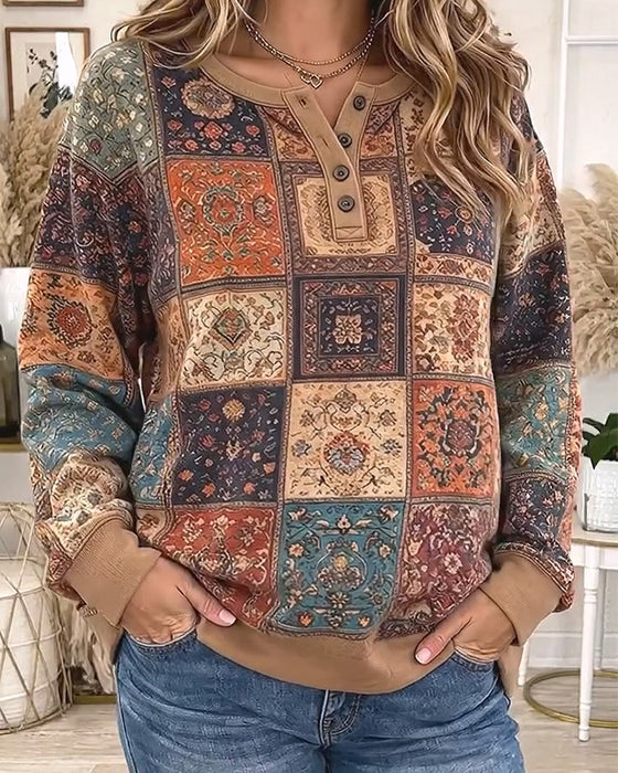 Sweatshirt Rund Hals Knappet Rutemønster Kontrast