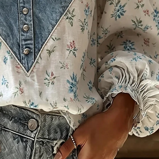 Bluse V-Hals Blomstertryk Pufærme Denim Panel
