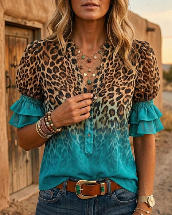 Leopardmønster V-Hals Gradient Rynke Bluse