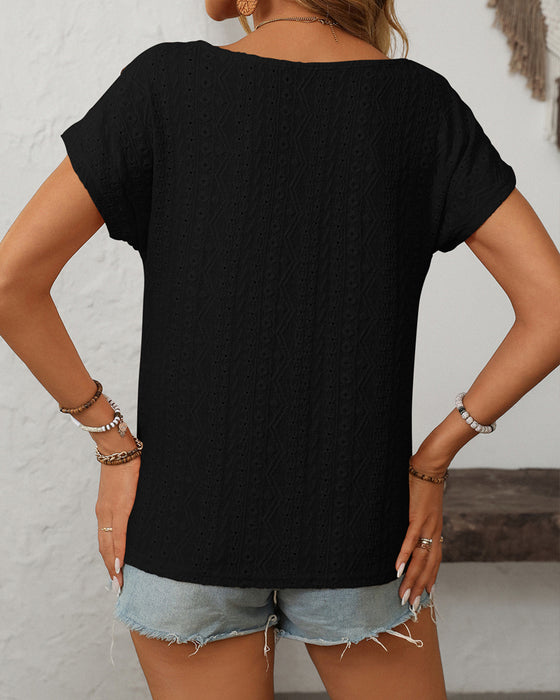 Bluse Rund Hals Knapper Udsnit Kort Ærme