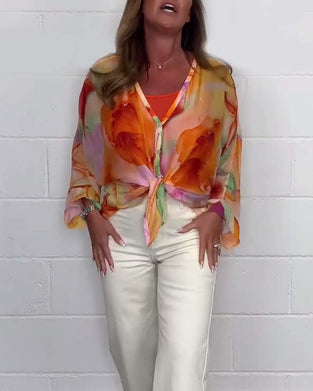 Afslappet langærmet bluse med V-udskæring