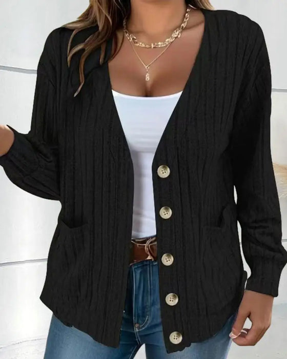 Ensfarvet V-halset langærmet cardigan