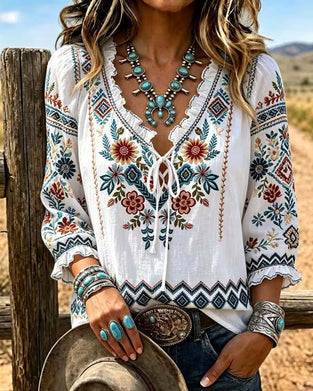 Bluse V-Hals Bohemian Ruffle