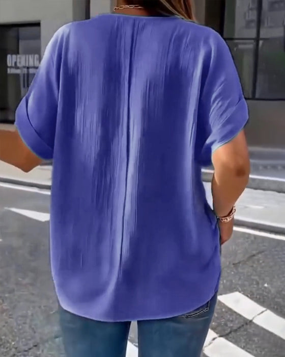 100% Bomuld T-Shirt V-Hals Løs Tekstureret