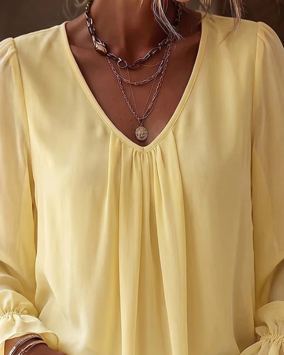 Bluse V-Hals Rynket Pufærme Ruffle
