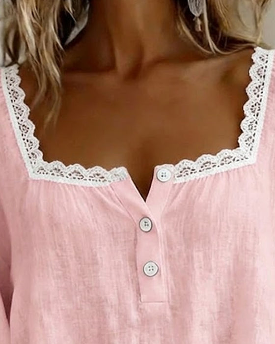 Bluse Med Firkantet Hals Blonder Puffærmer