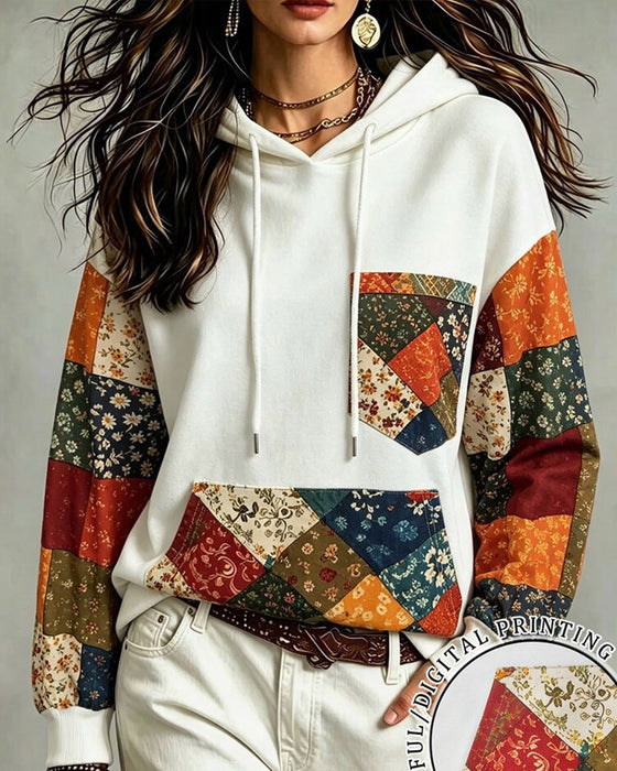 Hoodie Patchwork Tryk Hætte