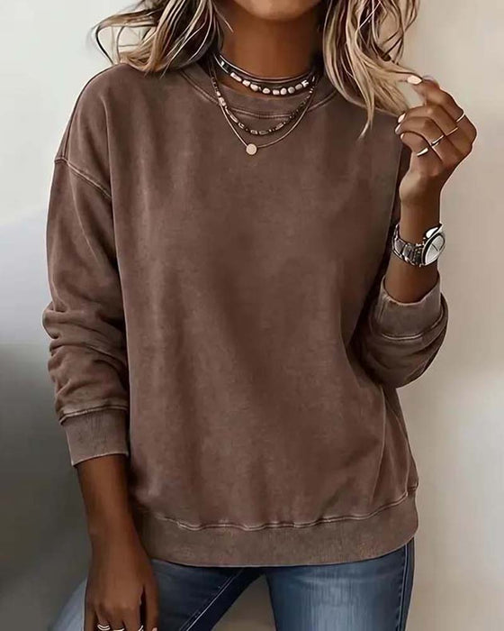 Sweatshirt Rund Hals Nedfalds Skulder Lang Ærme Løs