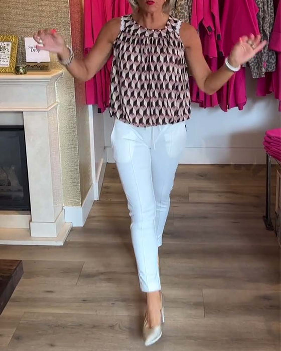 Afslappet top uden ærmer med diamantprint