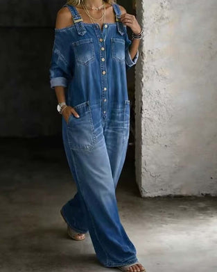 Jumpsuit Spagettibånd Kold Skulder Bred Ben Denim