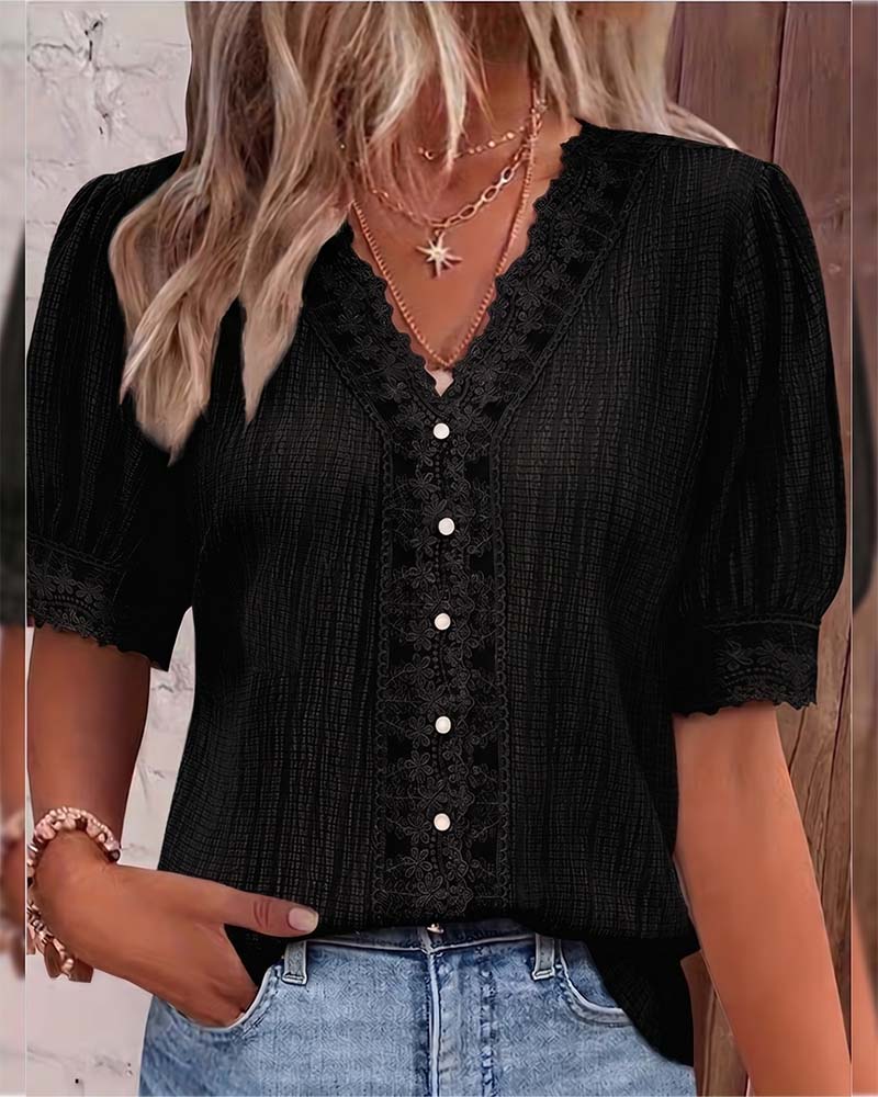 Bluse Blonde Patchwork V-Hals Puf Ærme